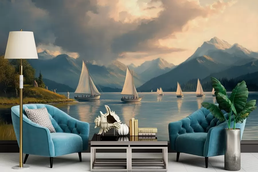 Fototapeedid regatt järvel pilvise taevaga 19. sajandi õlimaalide stiilis w04076