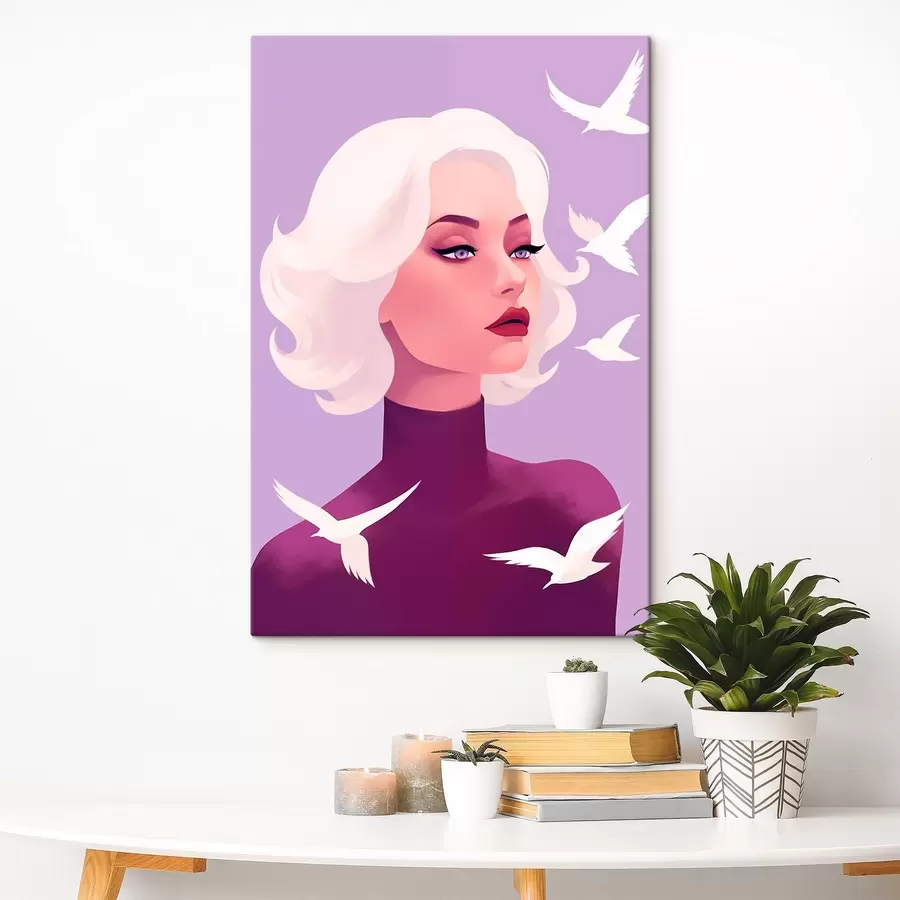 Pilt Naise portree valgete juustega lindudega taustal s44681