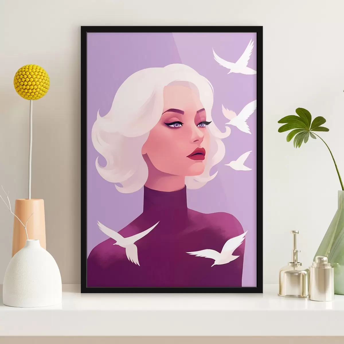 Plakat Naise portree valgete juustega lindudega taustal f44681
