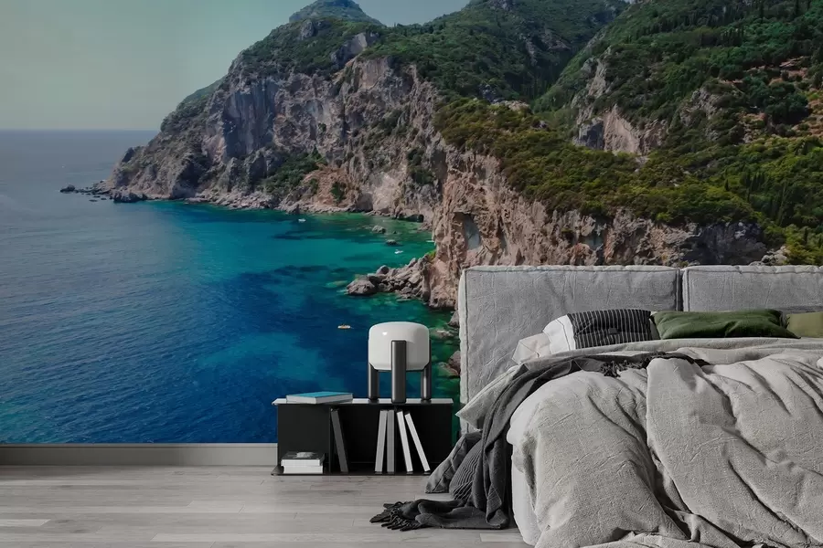 Fototapeedid Kaljumäed mere ääres, õlistiilis joonistus, akvamariinne vesi w04096