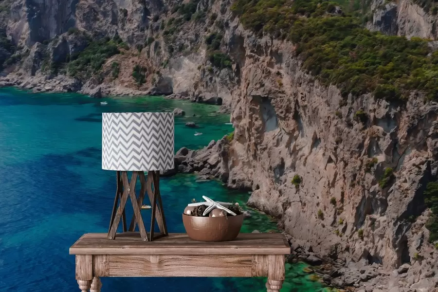 Fototapeedid Kaljumäed mere ääres, õlistiilis joonistus, akvamariinne vesi w04096