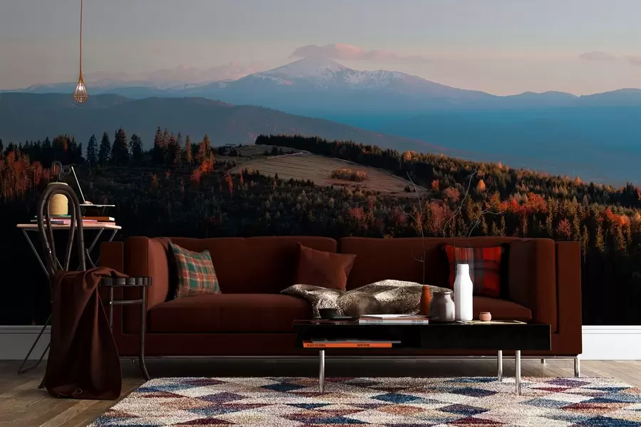 Fototapeedid Karpaatide mäed, õlistiilis tekstuur, sügisene mets, päikeseloojangu taevas w04098