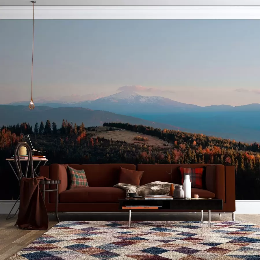 Fototapeedid Karpaatide mäed, õlistiilis tekstuur, sügisene mets, päikeseloojangu taevas w04098