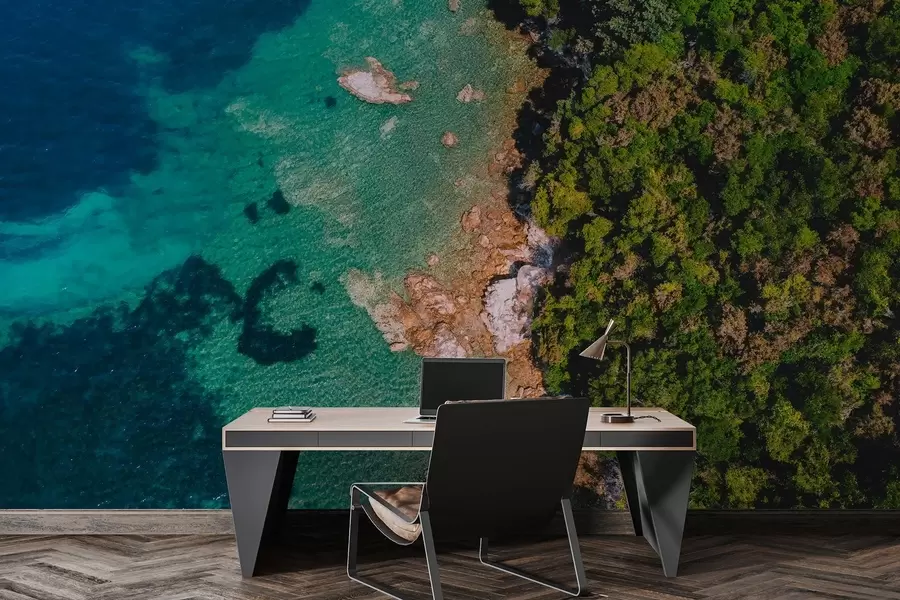 Fototapeedid Hispaania mererannik koos akumariinse veega, männimets, õhufotograafia w04099