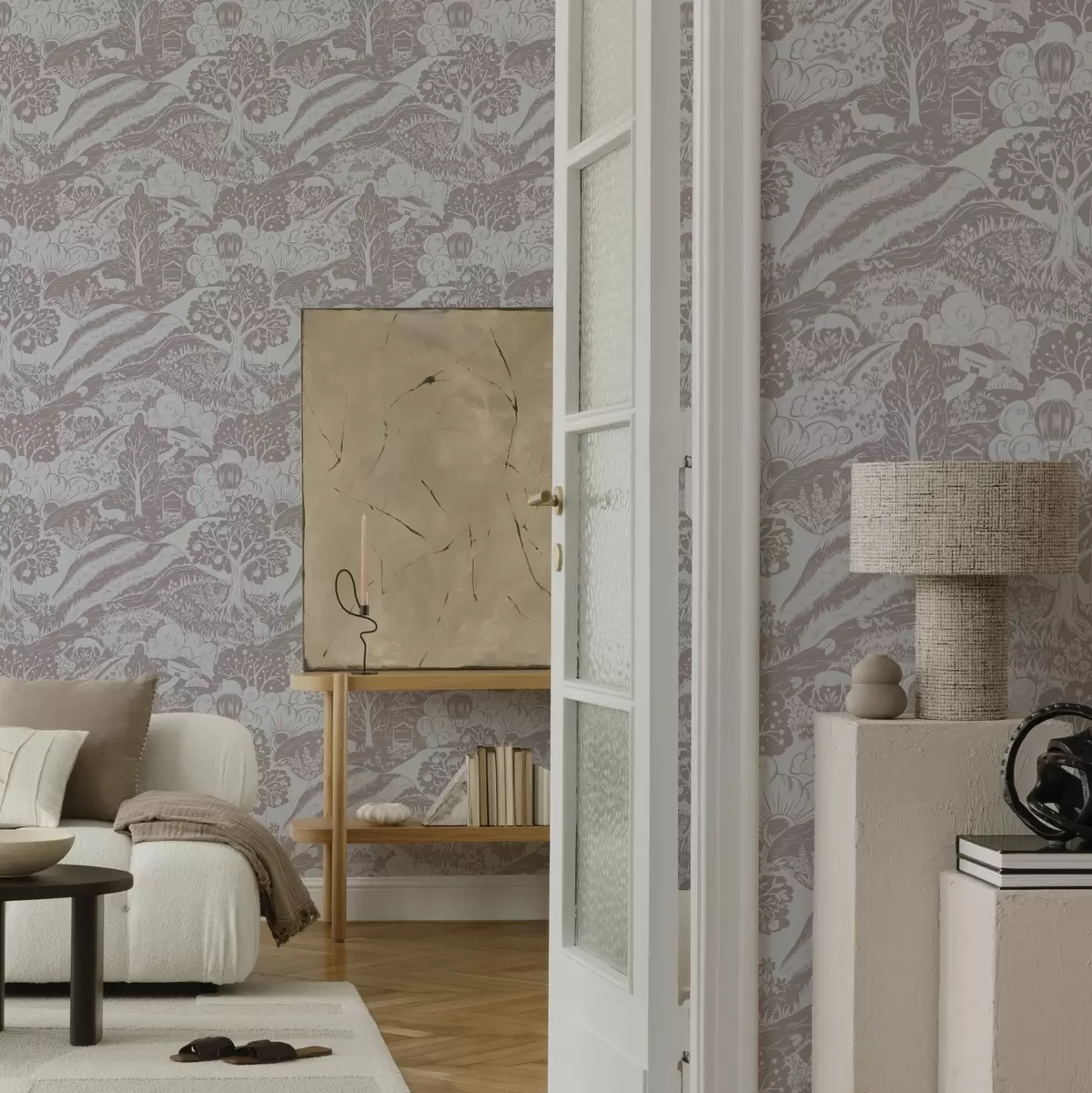 Tapeet Pastelljoonis muinasjutu illustratsioon loomade ja puudega a00172v1