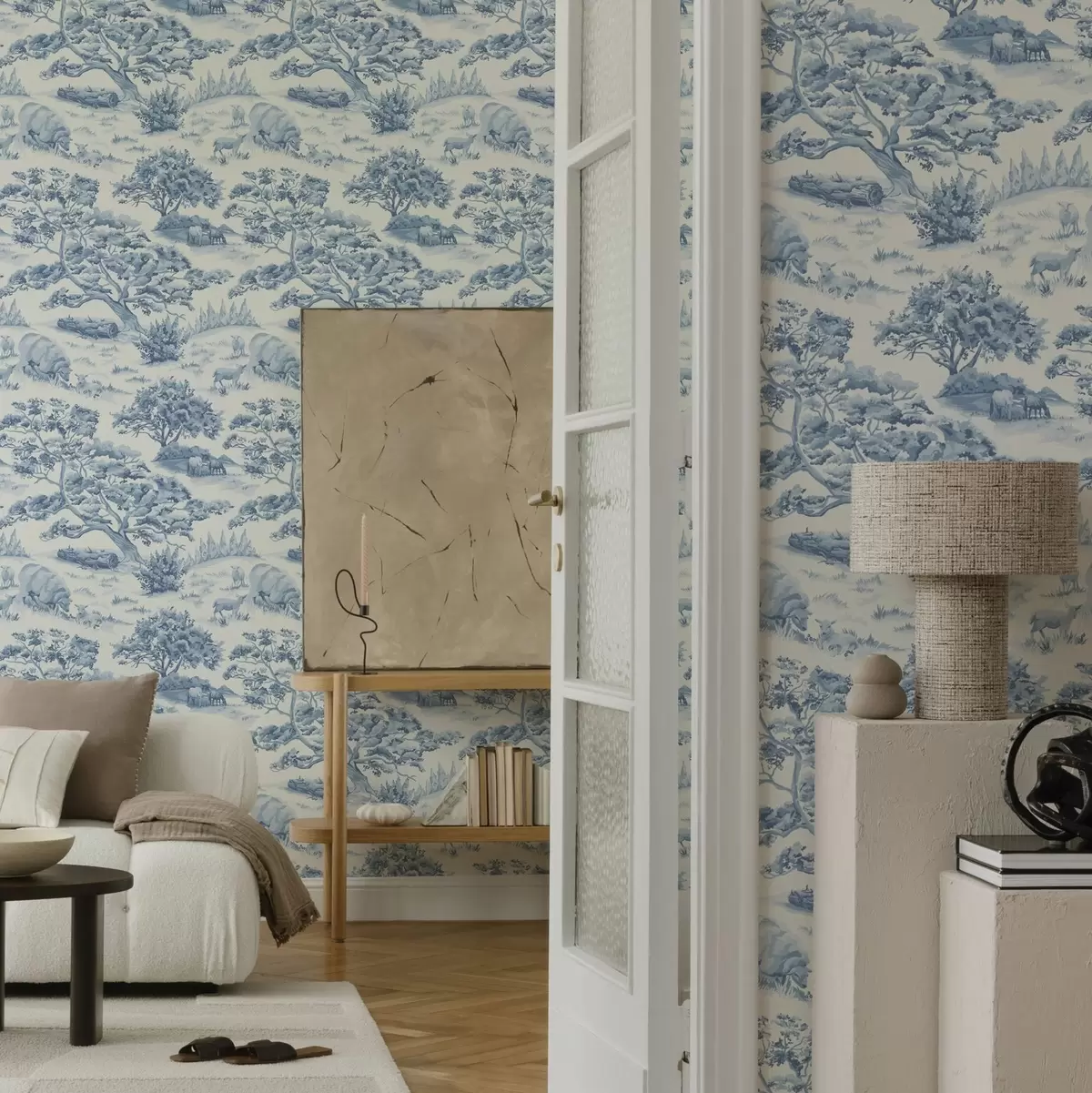 Tapeet Sinistes toonides maastik koos lammaste ja puudega a00178