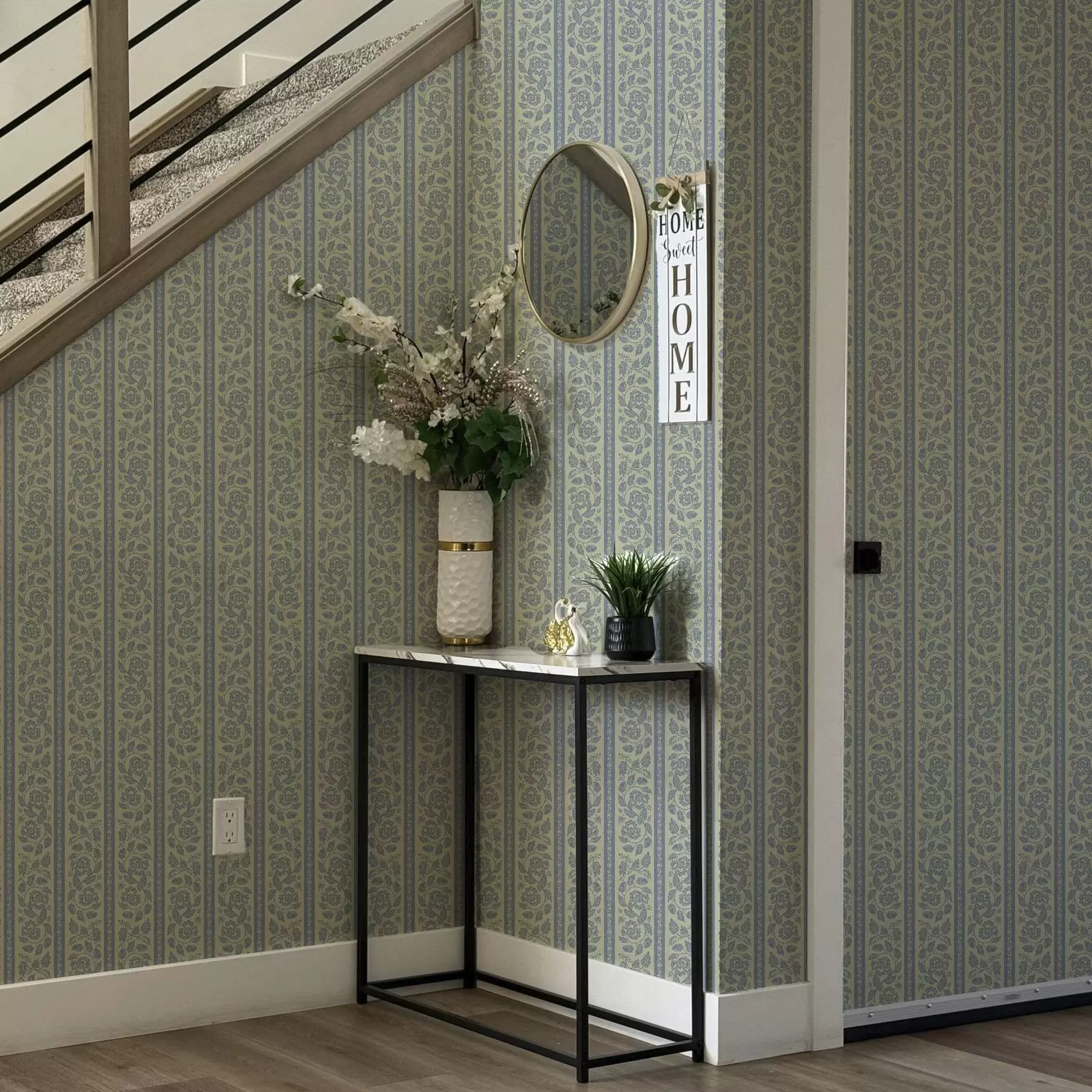 Fototapeedid Sinise ja beeži tooniga triibuline lilleornament tammesidega a00181