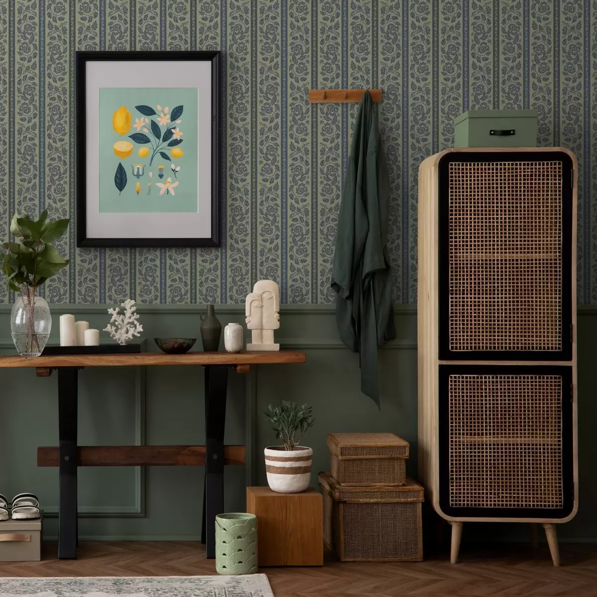 Tapeet Vintage sinine ornament lillede ja tammesedega a00181v1