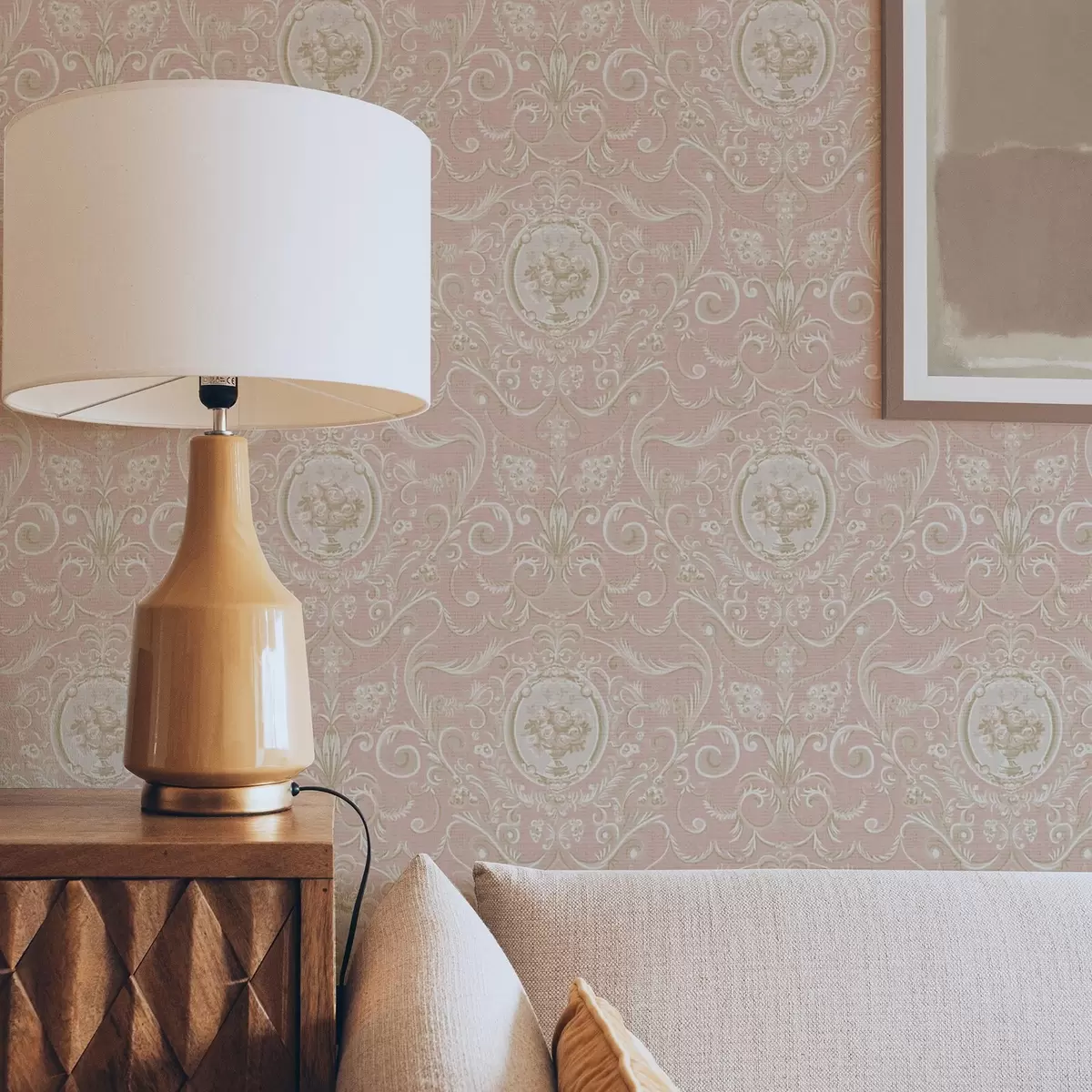 Tapeet Roosa klassikaline muster medaljonide ja lilledega a00185