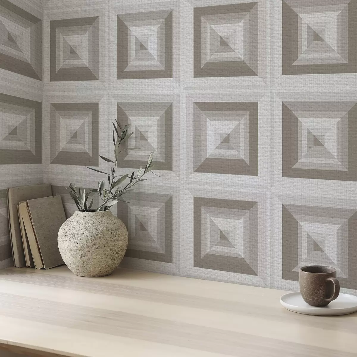 Tapeet Geomeetriline kolmemõõtmeline muster halli ja beeži värvi a00187