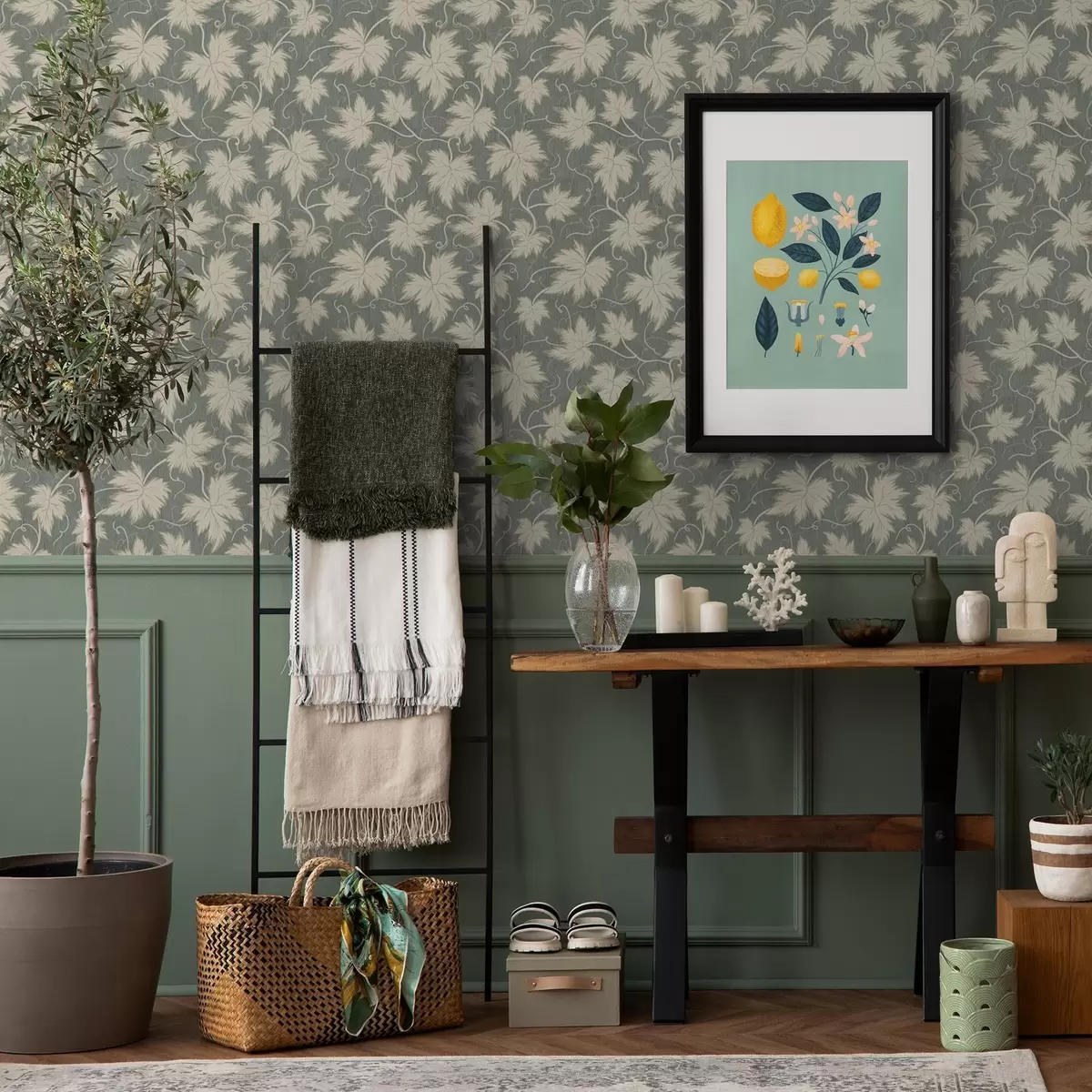 Tapeet Valge viinamarjaleht rohelisel taustal a00194