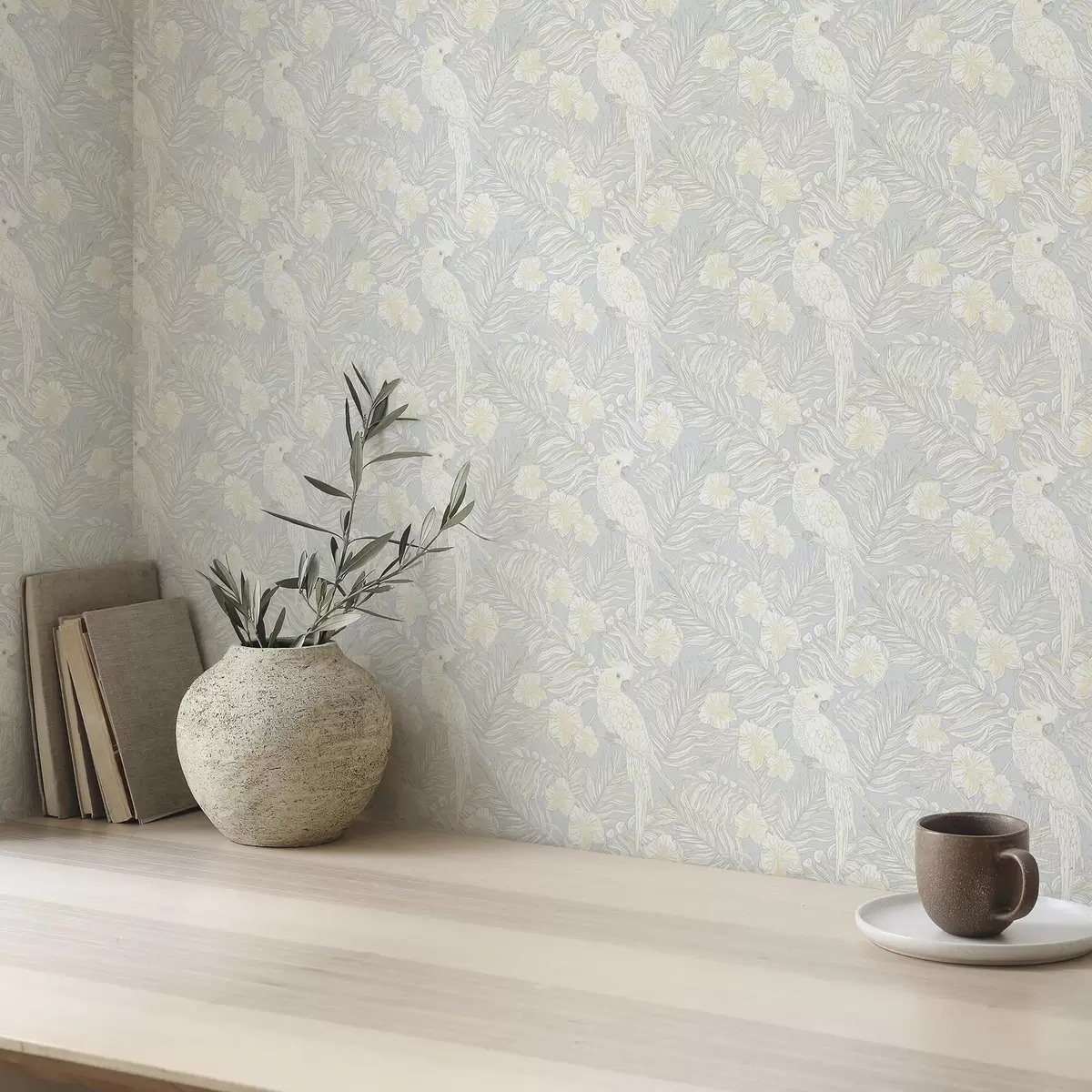 Tapeet Kerge troopiline trükis kakaod ja lilled sinisel taustal a00203