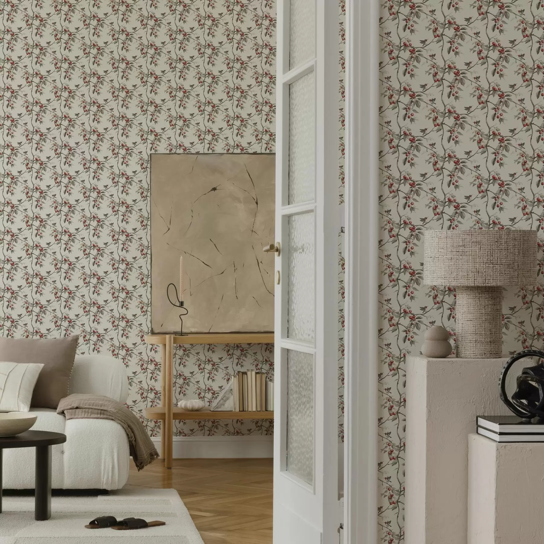 Fototapeedid Linnud punaste marjadega kirsiokste vahel a00206