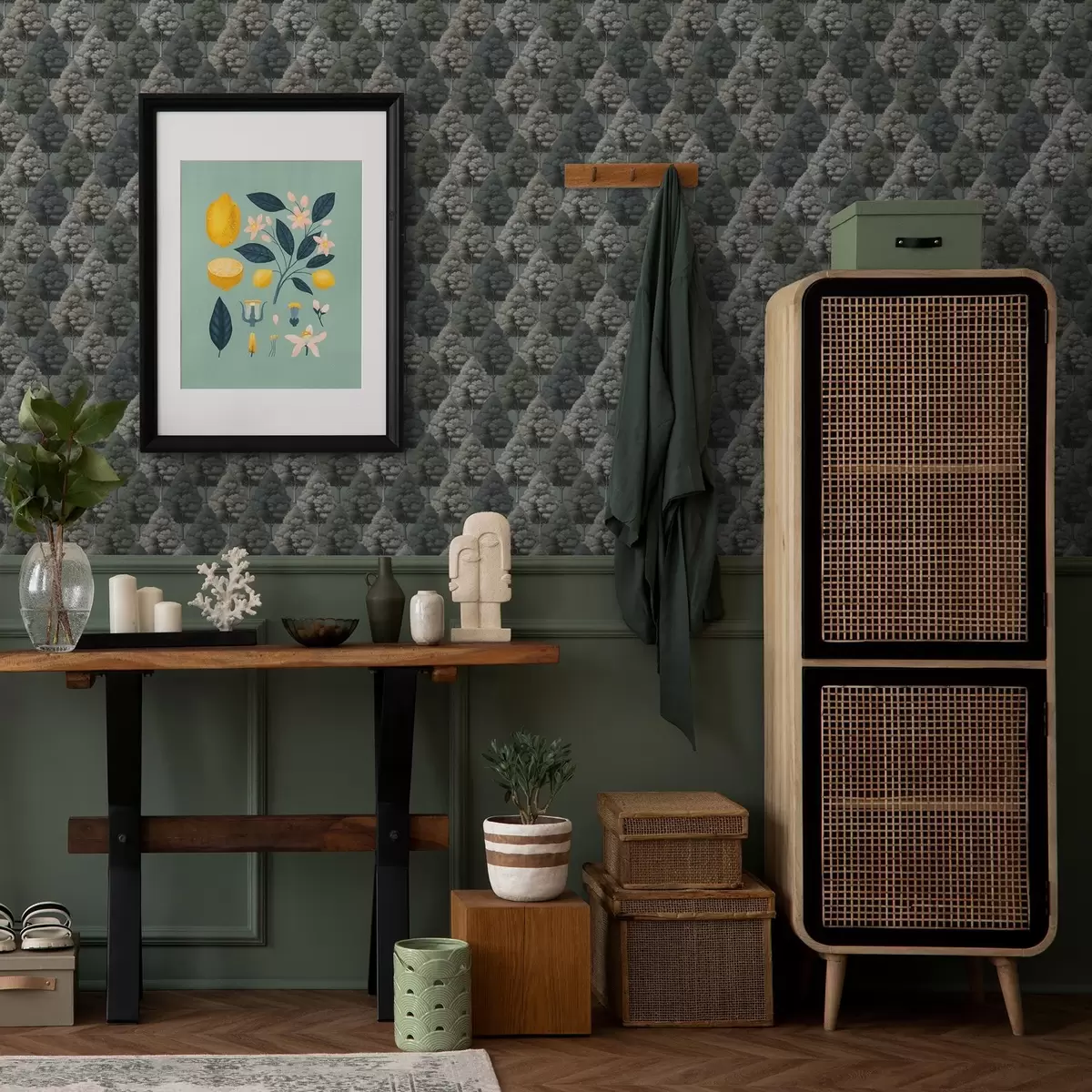 Tapeet Geomeetriline metsa muster roheliste värvidega puudega a00209