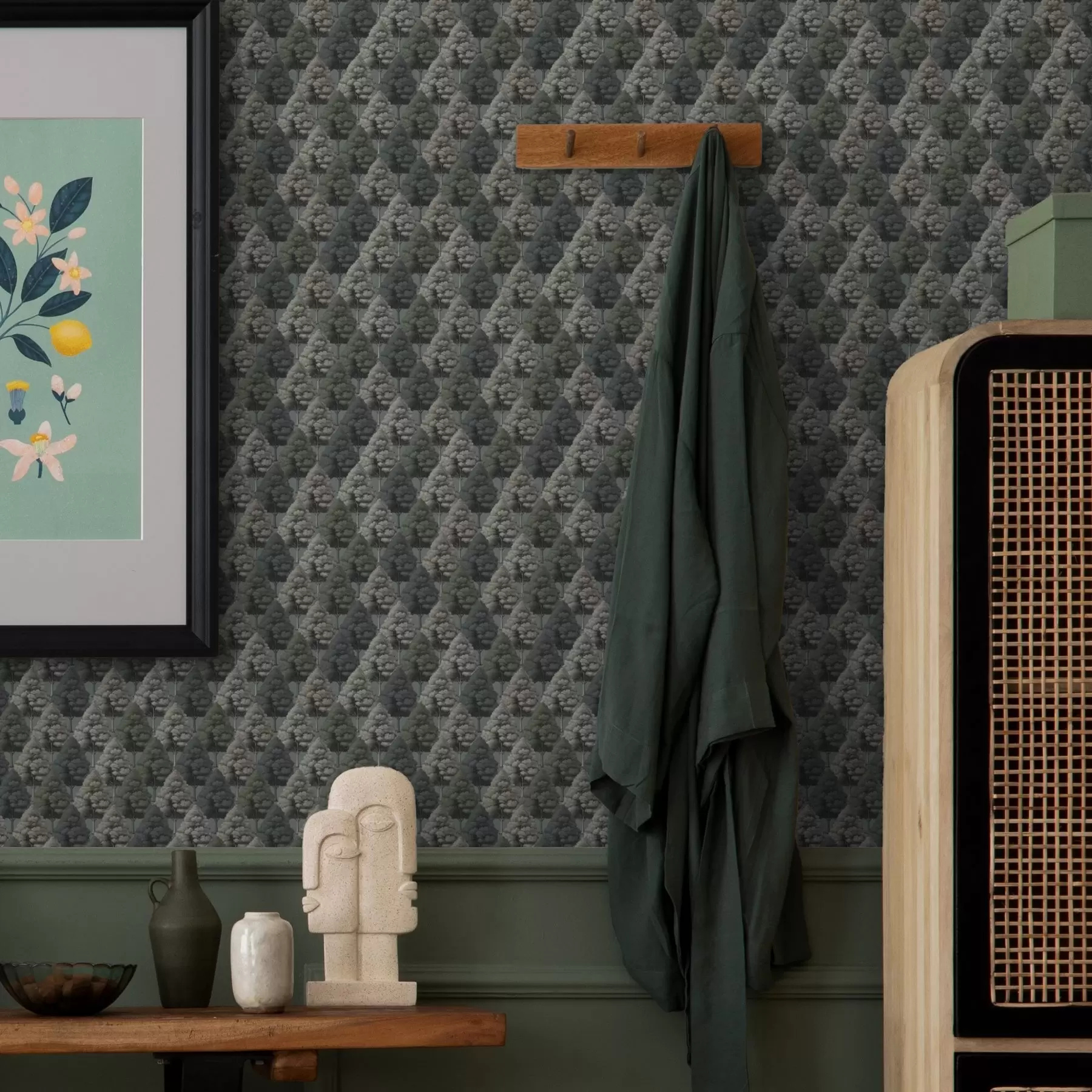 Fototapeedid Geomeetriline metsa muster roheliste värvidega puudega a00209