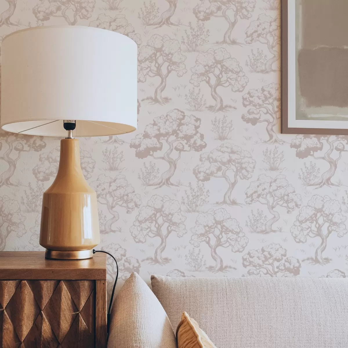 Tapeet Monokromaatilised puude siluetid vintage stiilis, beeži värvi skeemiga a00210