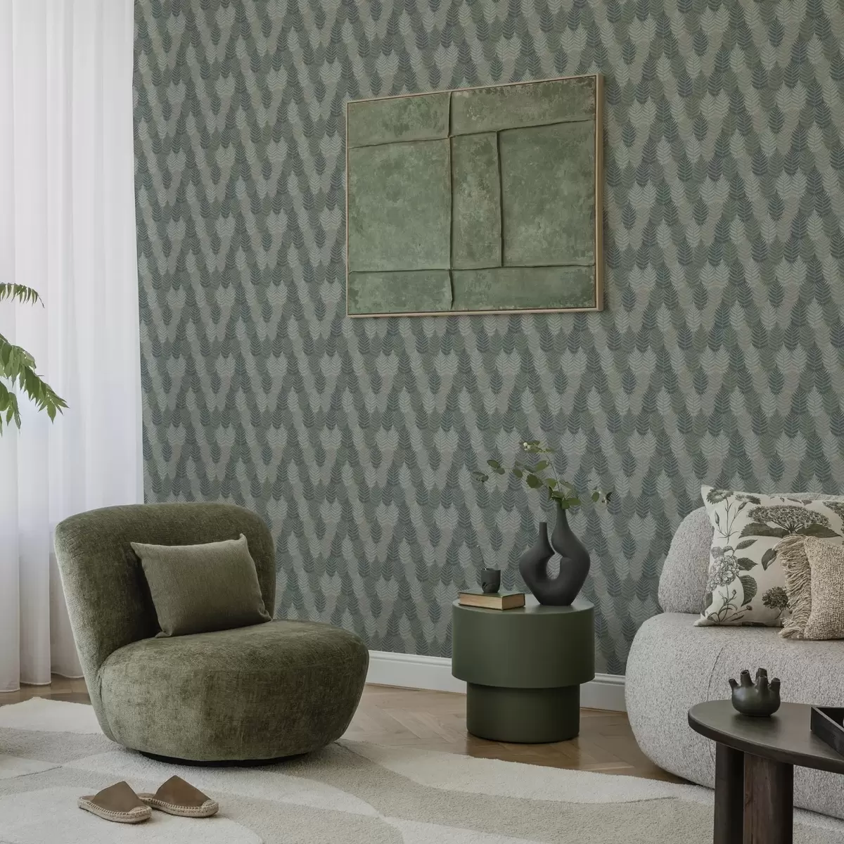 Tapeet Sõnajalgade lehed, geomeetriline muster, rohelised ja sinised värvid a00211