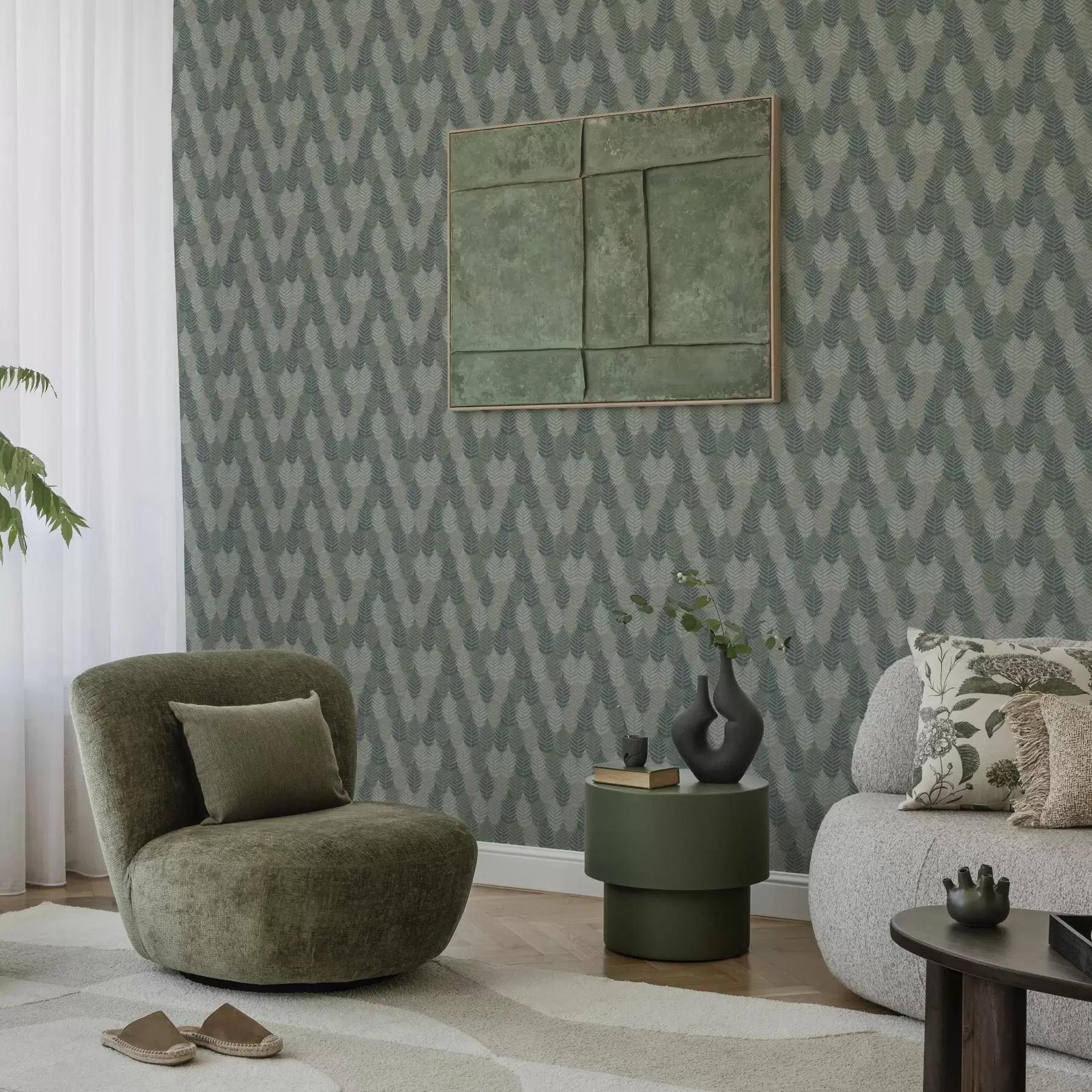 Fototapeedid Sõnajalgade lehed, geomeetriline muster, rohelised ja sinised värvid a00211