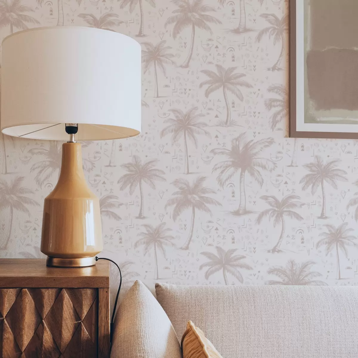 Tapeet Etniliste sümbolitega palmipuud, pastelroosa tooniga a00213