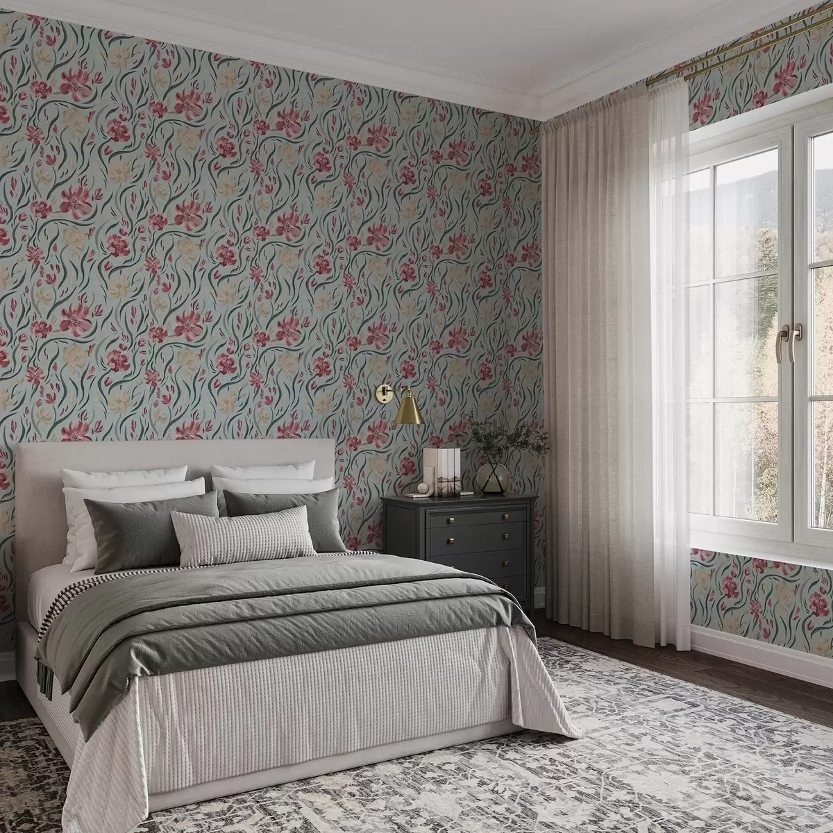 Tapeet Akvarell lilled sinisel taustal, punane ja beež muster a00216