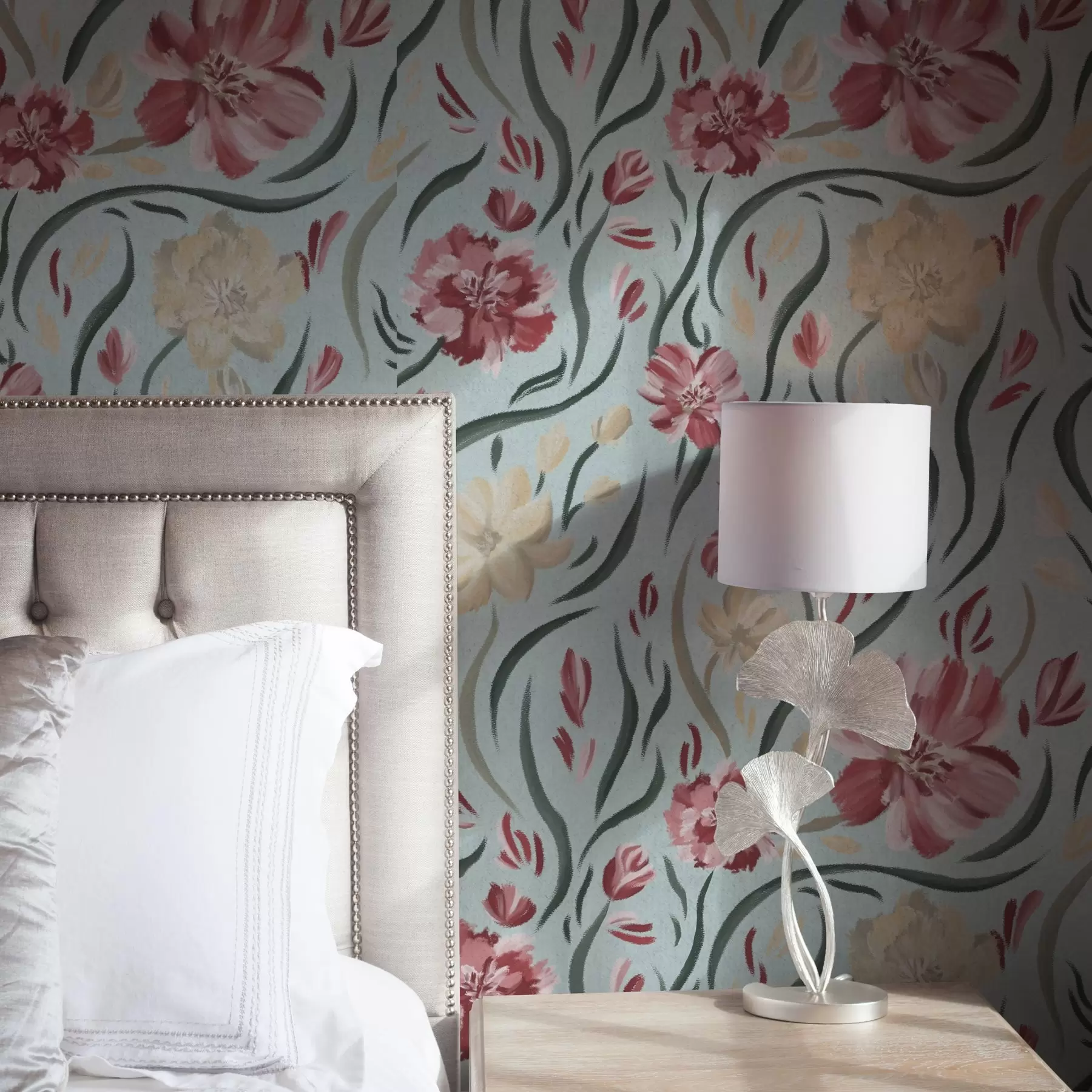 Fototapeedid Akvarell lilled sinisel taustal, punane ja beež muster a00216