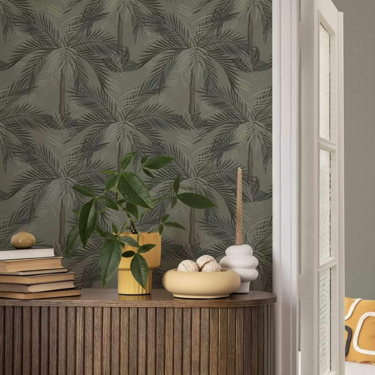 Tapeet Palmilehed oliivipuu taustal, džungel, troopika a00217