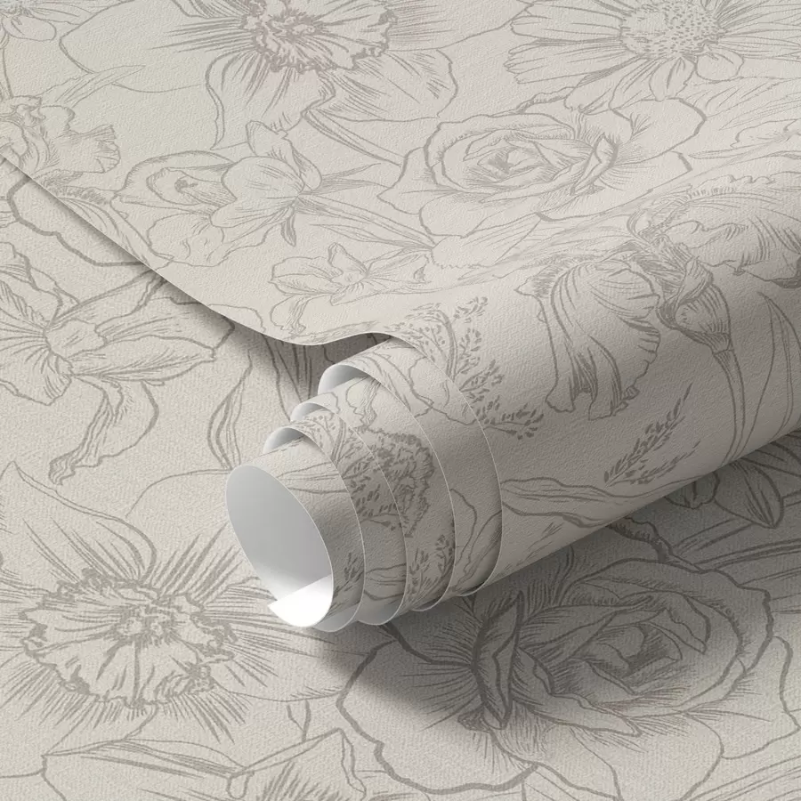 Fototapeedid Kontuurlilled kreemval taustal, õrn lillemustriga a00218