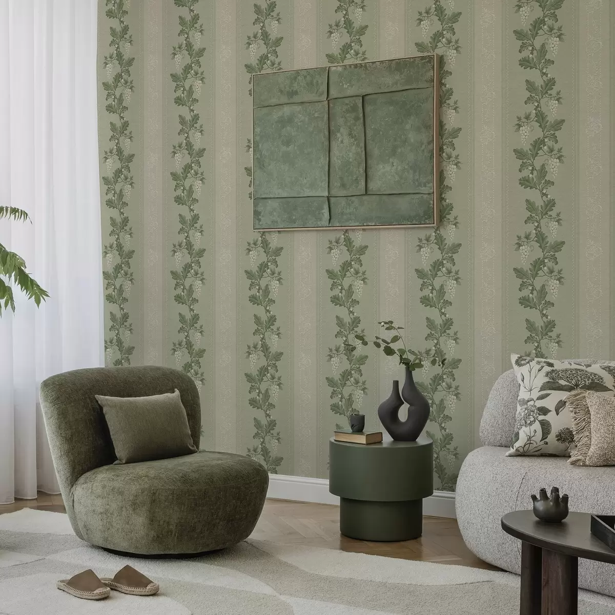 Tapeet Viinamarjakobarad ja pits, roheline klassikaline muster a00223