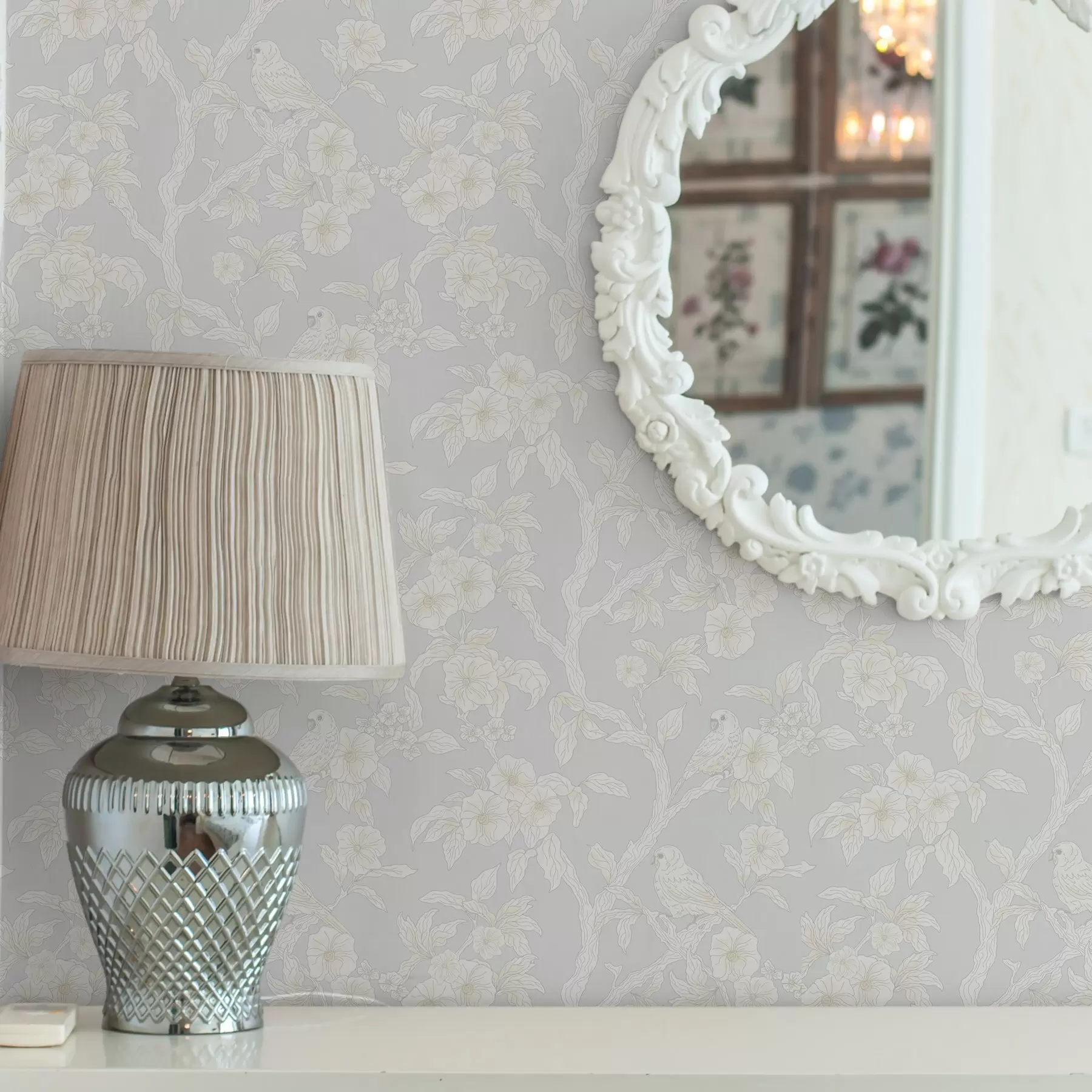 Fototapeedid Kerge muster lindudega okstel, pastelne värvipalett, klassikaline a00230