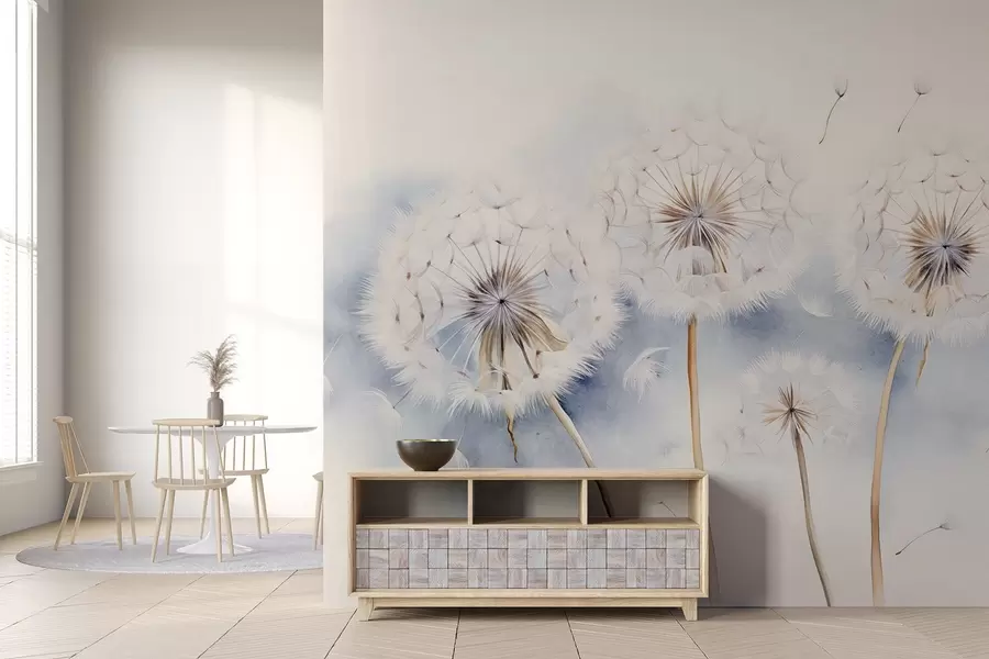 Fototapeedid Tekstureeritud võililled koos õhus hõljuvate seemnetega, helesinine ja valge taust, pehme õrn joonistusstiil w09190