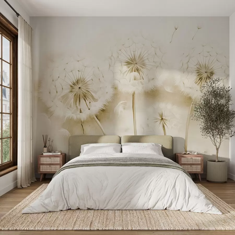 Fototapeedid Tekstureeritud võililled koos õhus hõljuvate seemnetega, summutatud kollane ja valge taust, pehme õrn joonistusstiil w09190v1