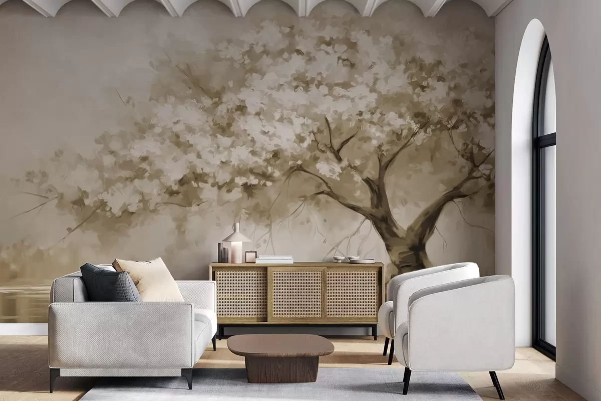 Fototapeedid Abstraktne beež õiepuu täies õitsengus, jõe ääres, pehmed tekstuursed pintslitõmbed ja pastelsed värvid w09193v1