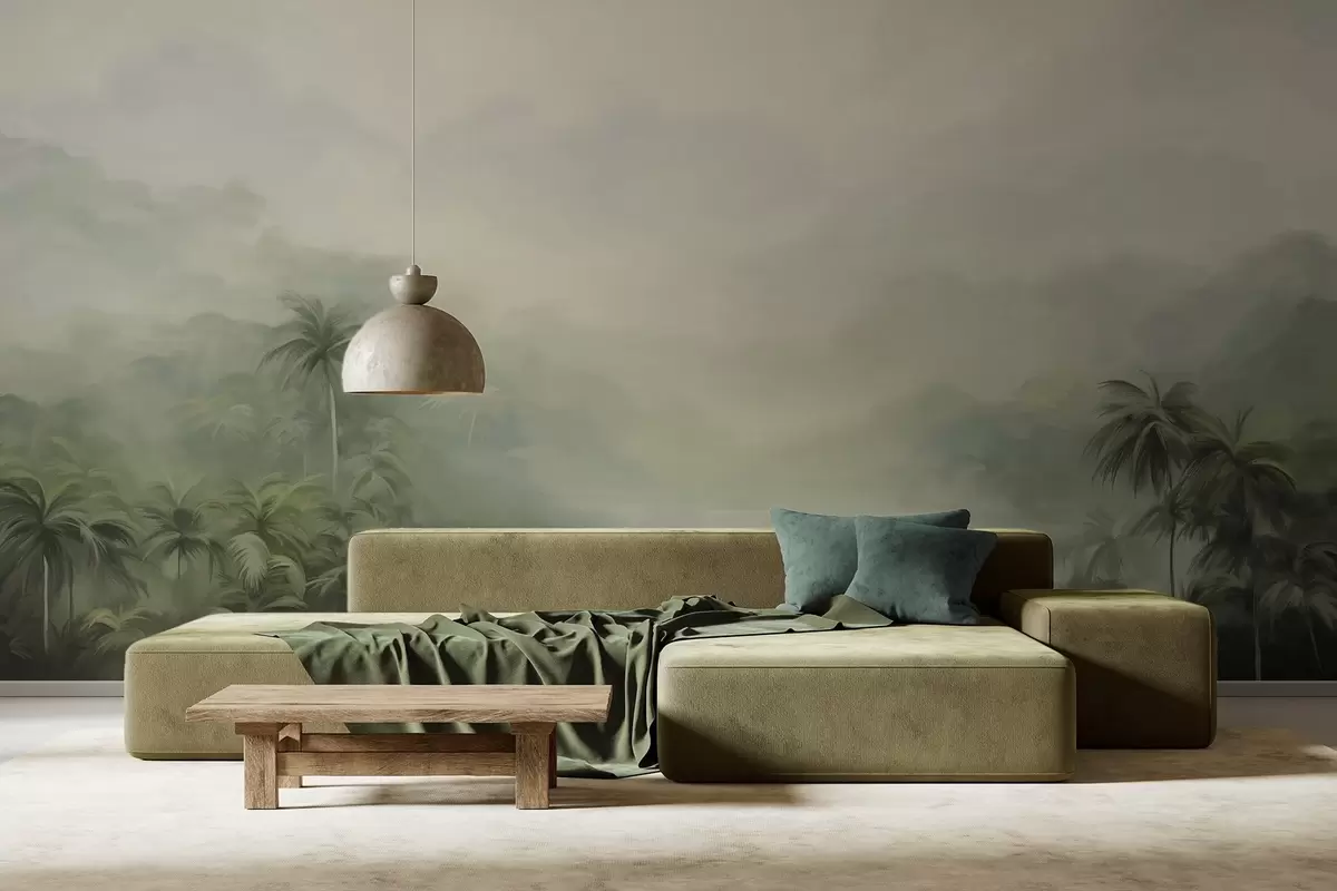 Fototapeedid Gungle maastik koos lopsakate roheliste palmide ja veerevate küngastega , pehmed pastellvärvid, tekstuurne maali imitatsioon w09194