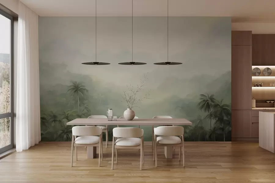 Fototapeedid Gungle maastik koos lopsakate roheliste palmide ja veerevate küngastega , pehmed pastellvärvid, tekstuurne maali imitatsioon w09194