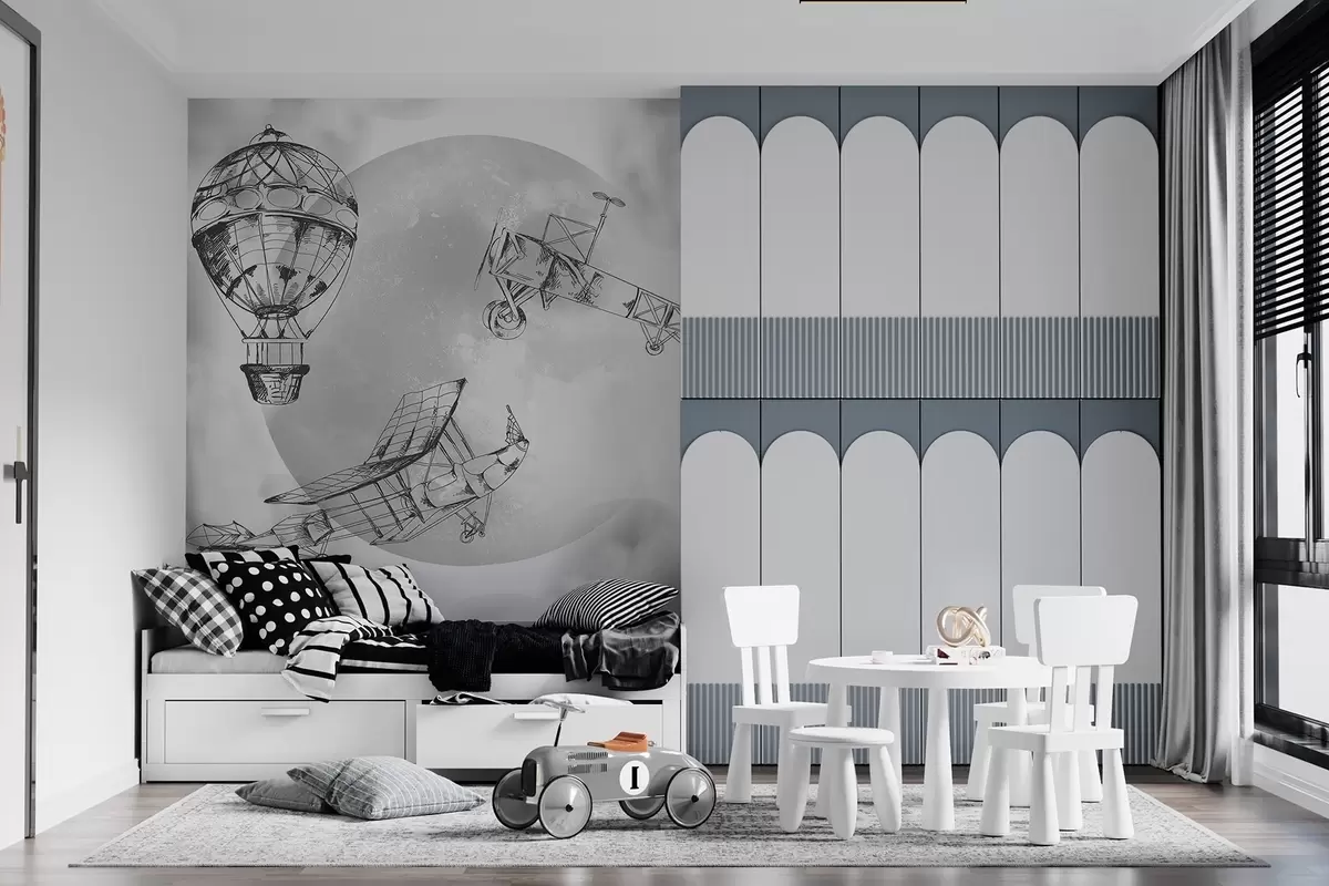 Fototapeedid Retro lennukid kuu ja pilvede taustal w04085