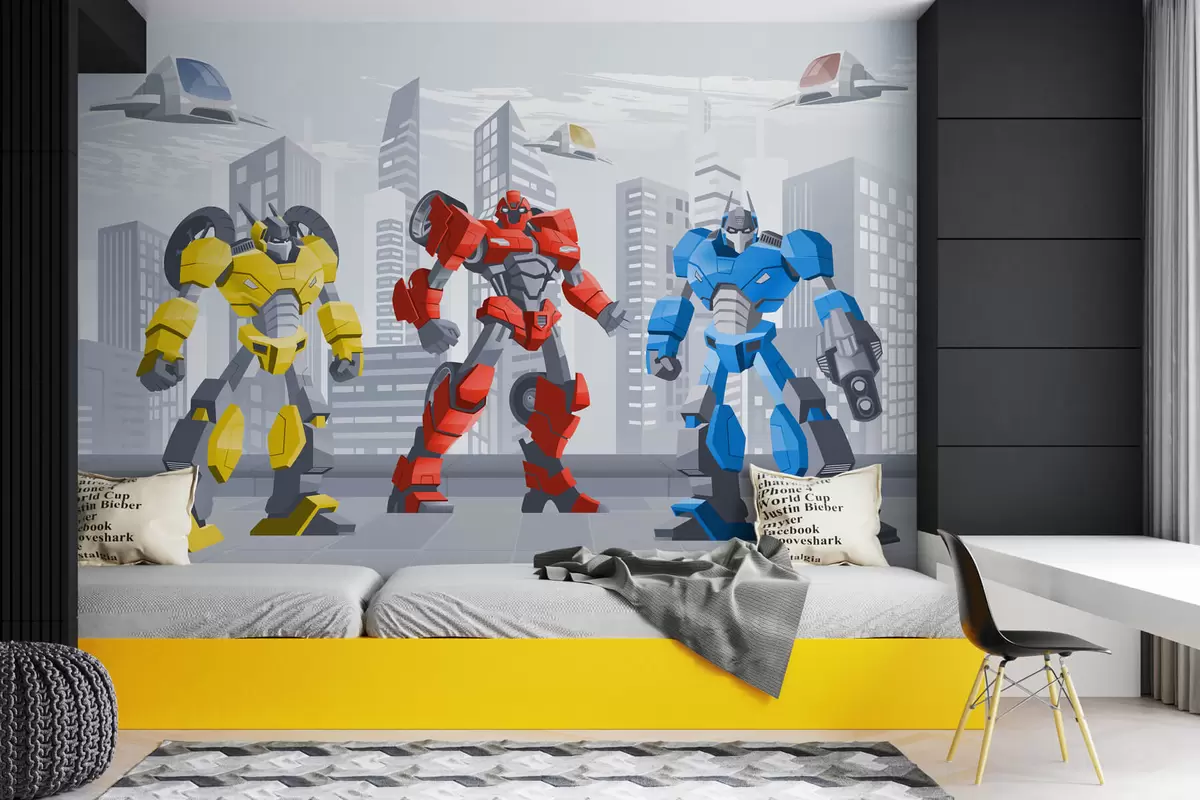 Fototapeedid Transformer-robotid ühevärvilise linna taustal w04012
