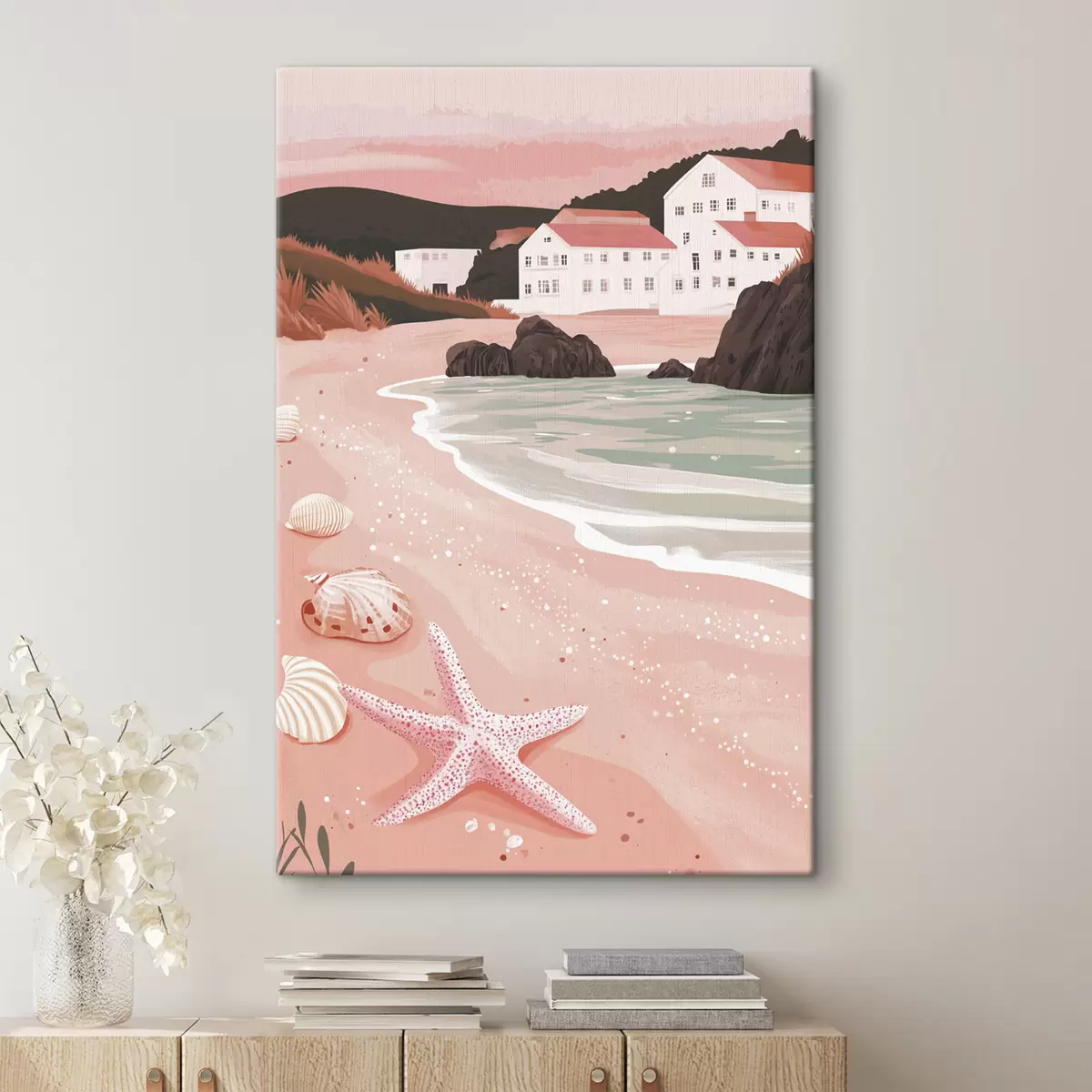 Pilt Hubane roosa rand koos valgete majade ja merekarpidega  s44713