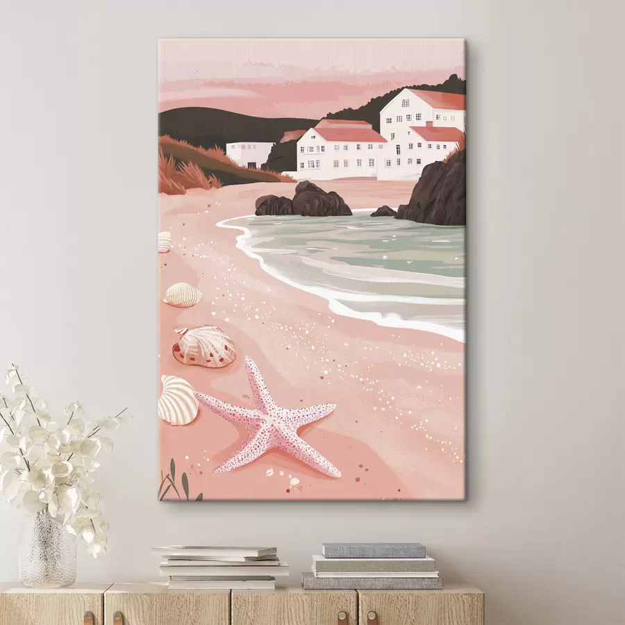 Pilt Hubane roosa rand koos valgete majade ja merekarpidega  s44713