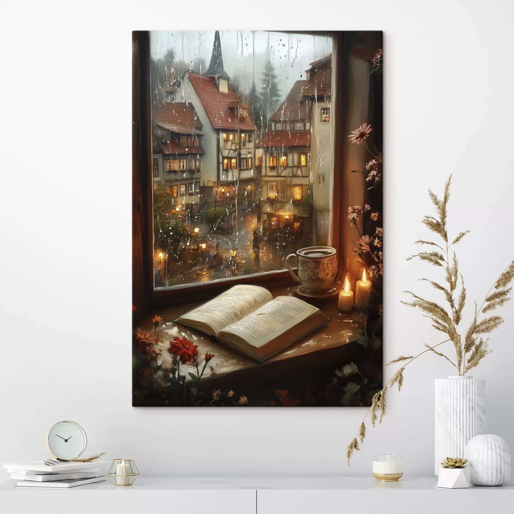 Pilt Raamat aknalaual, küünlad, vihmane päev, hubane s44722
