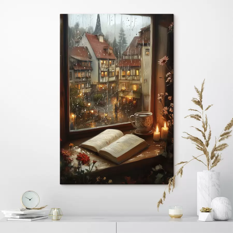 Pilt Raamat aknalaual, küünlad, vihmane päev, hubane s44722