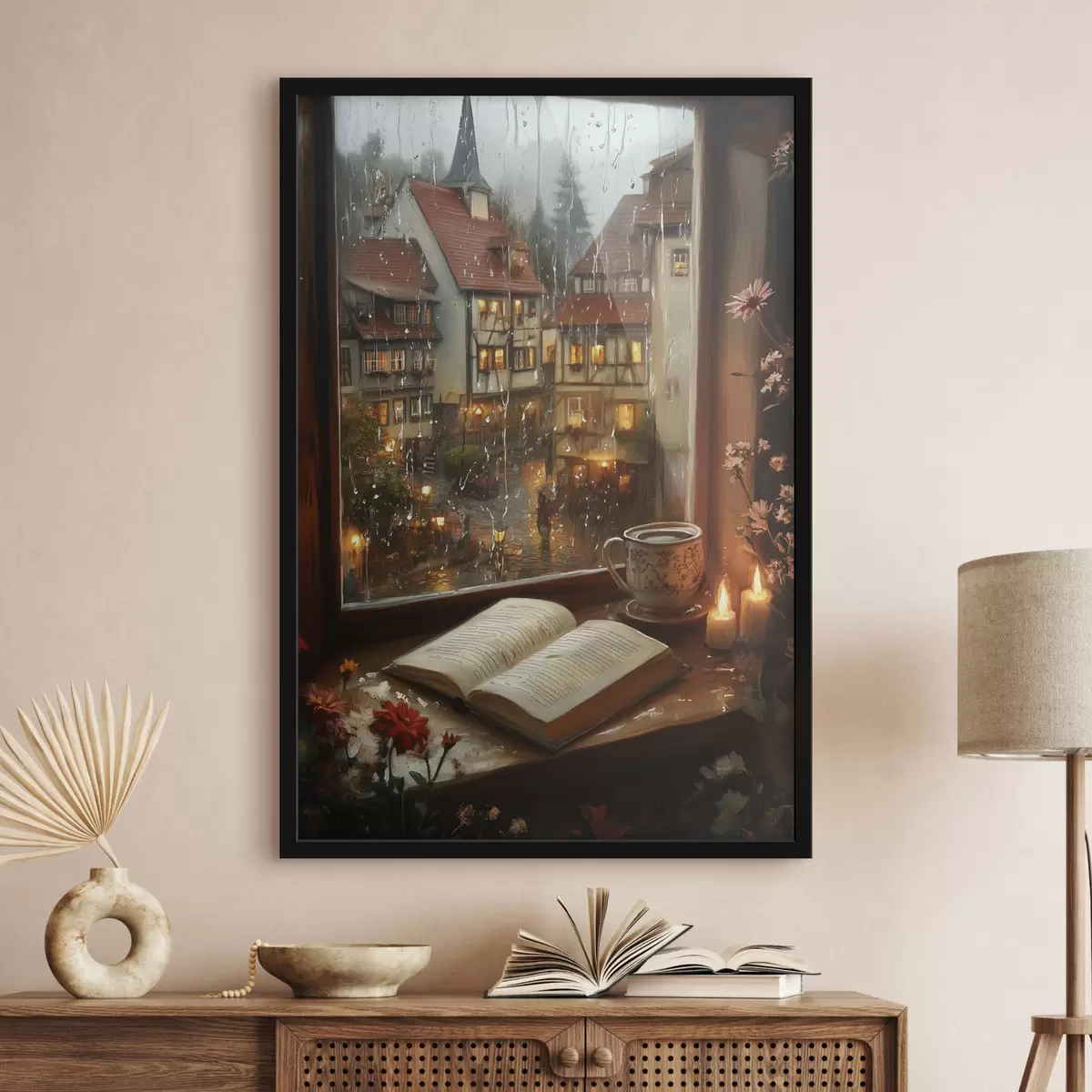 Plakat Raamat aknalaual, küünlad, vihmane päev, hubane f44722