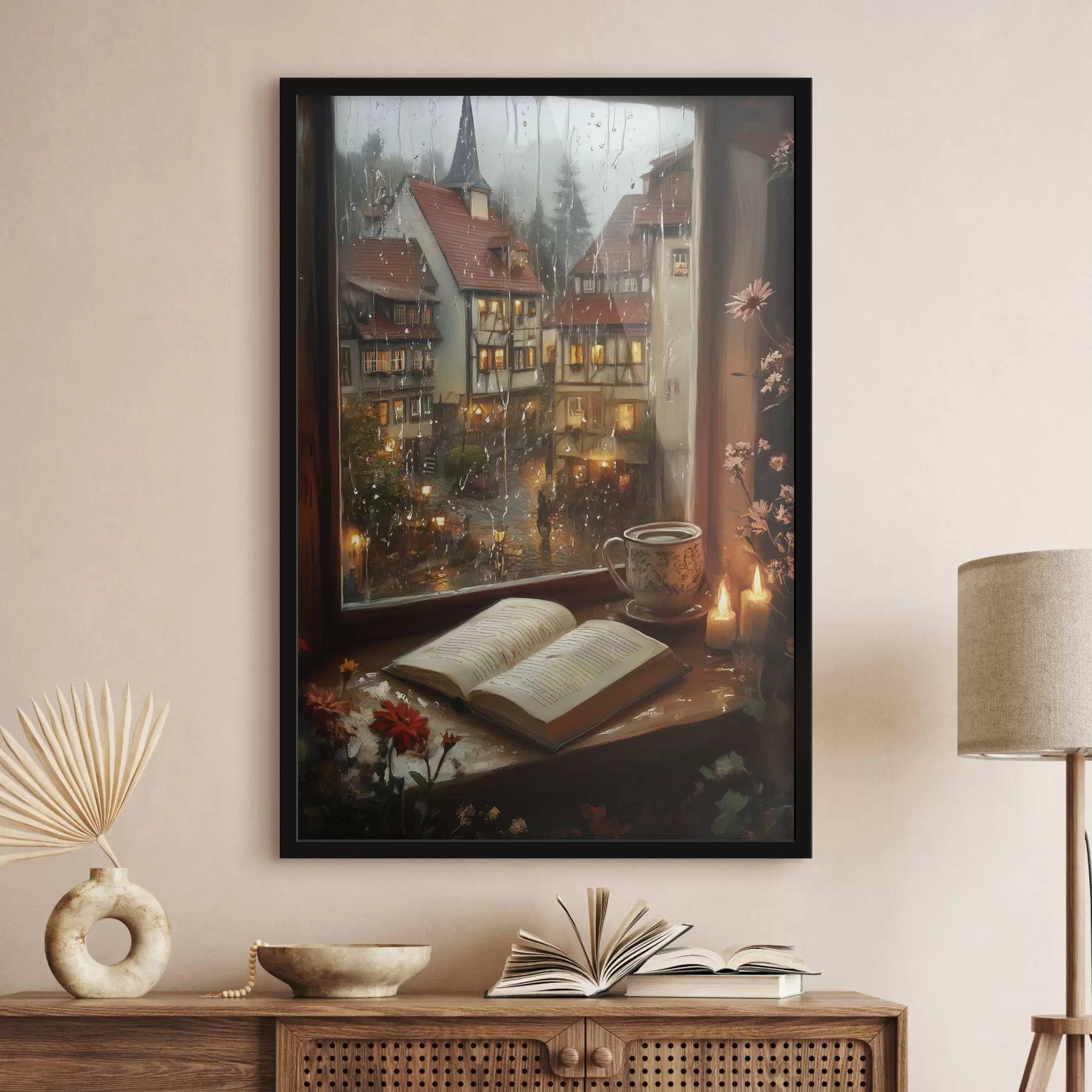Pilt Raamat aknalaual, küünlad, vihmane päev, hubane f44722
