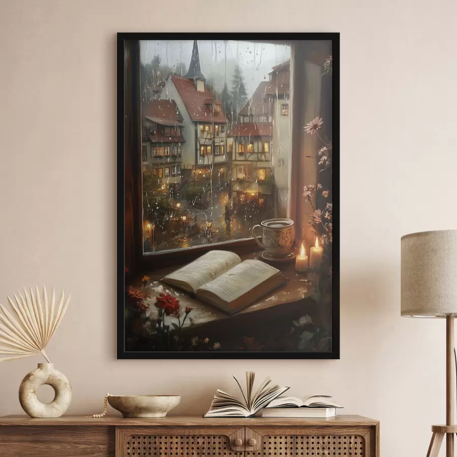 Fototapeedid Raamat aknalaual, küünlad, vihmane päev, hubane f44722