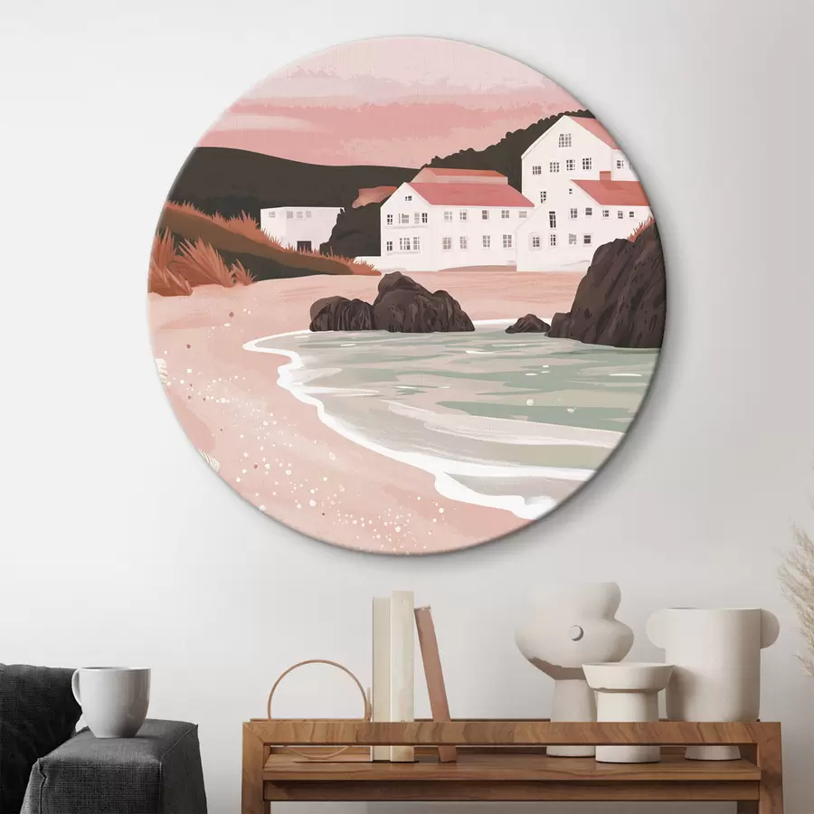 Pilt Hubane roosa rand koos valgete majade ja merekarpidega r44713