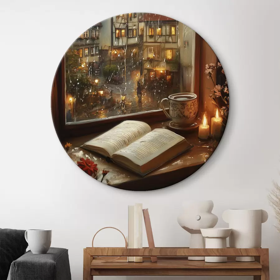 Fototapeedid Raamat aknalaual, küünlad, vihmane päev, hubane r44722