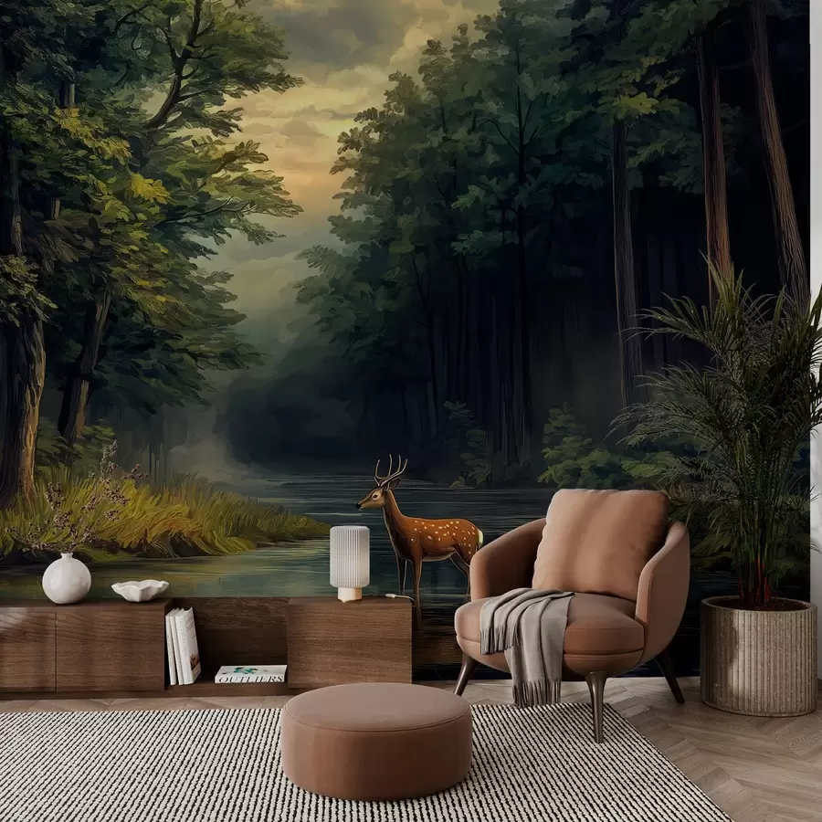 Fototapeedid Mets koos hirvede ja jõega hollandi õlimaalide stiilis w04072