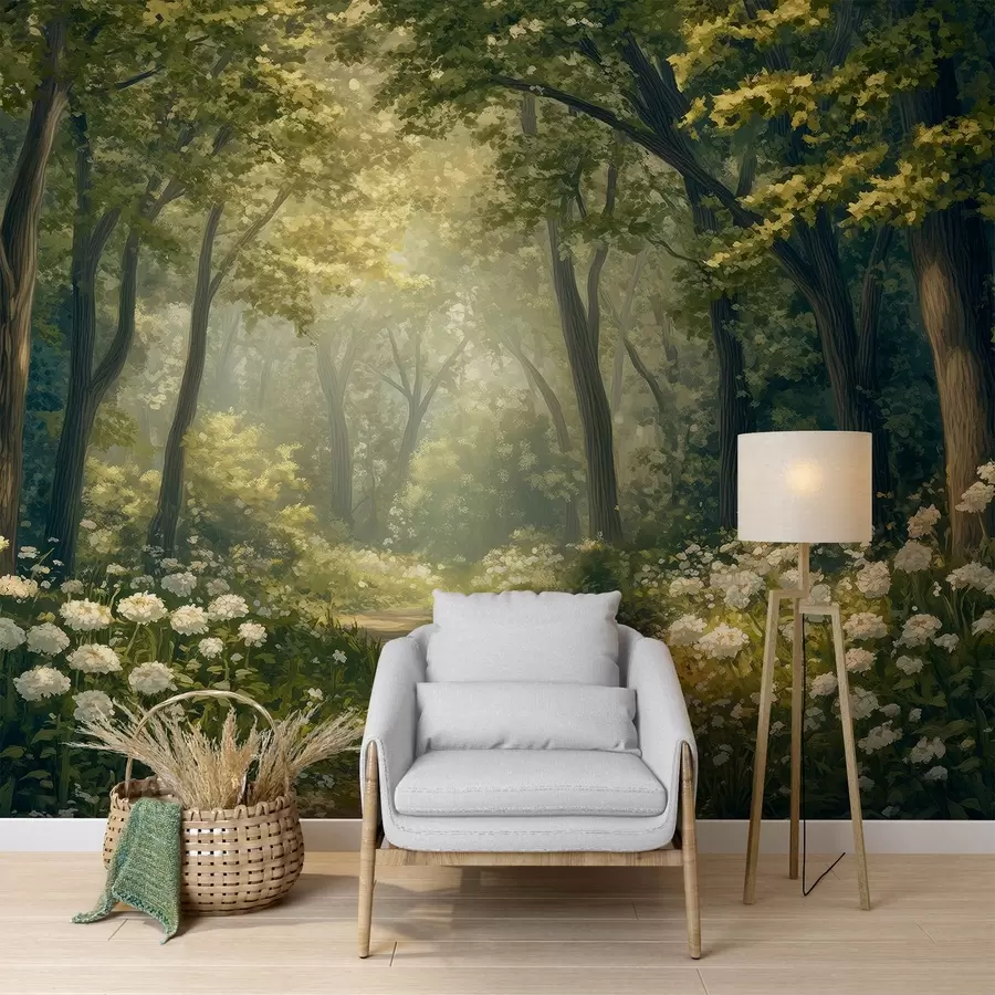 Fototapeedid Rada rohelises metsas, valged lilled, päikesevalgus, akrüülstiilis joonistus w04119