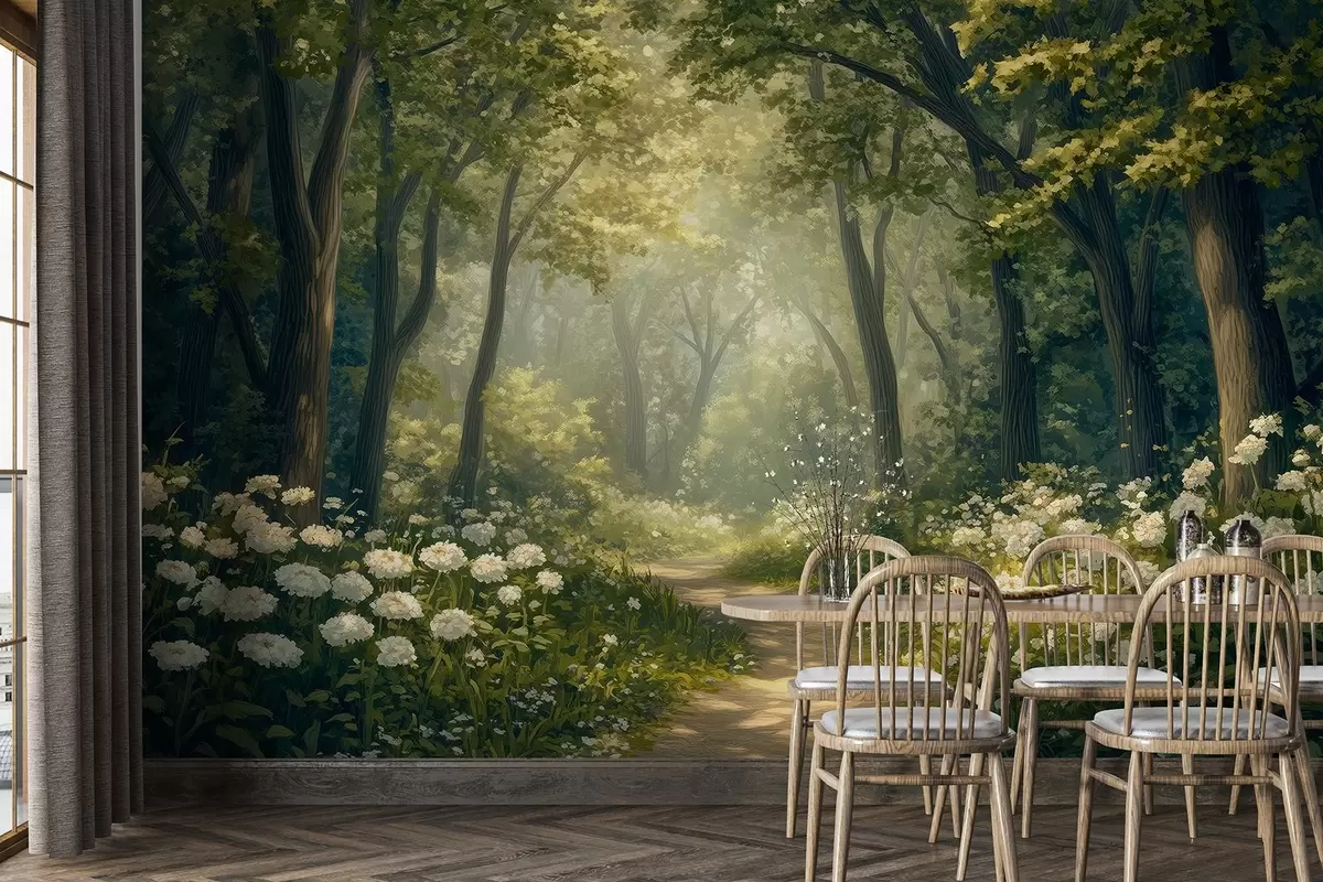 Fototapeedid Rada rohelises metsas, valged lilled, päikesevalgus, akrüülstiilis joonistus w04119