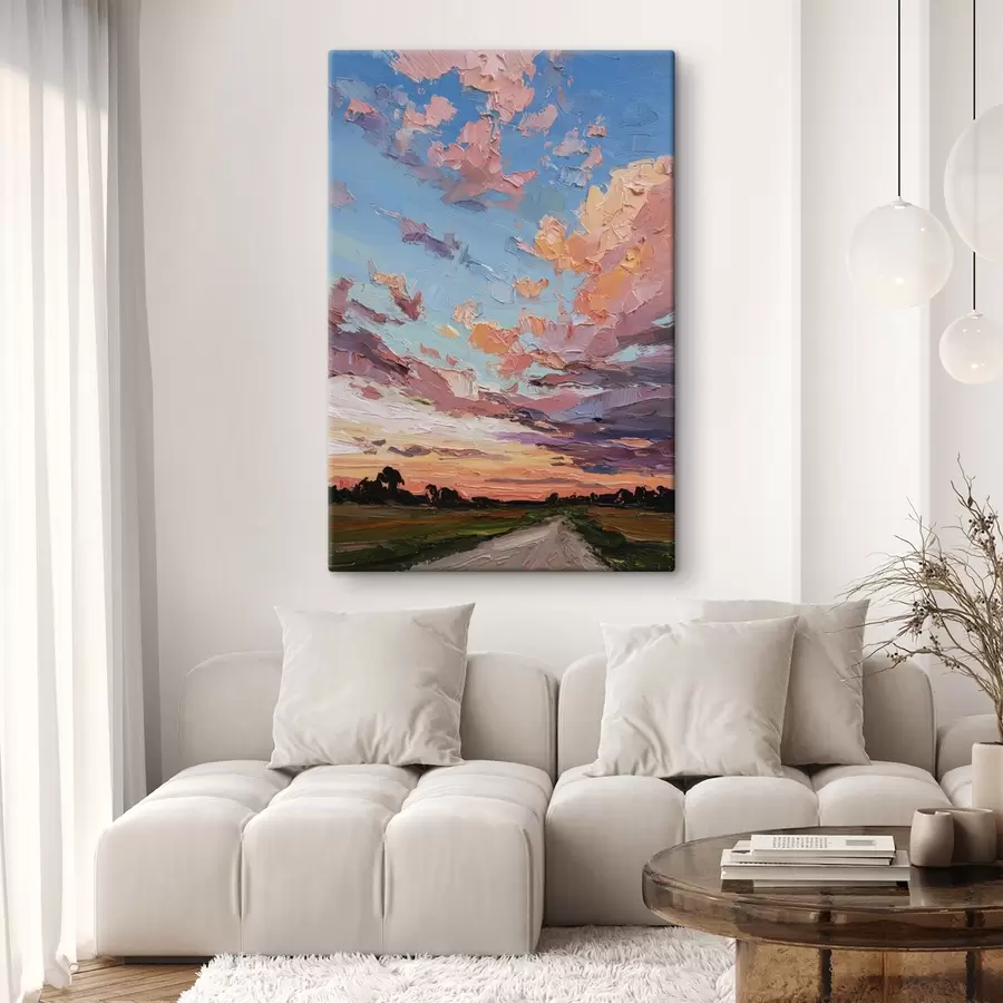 Pilt Päikeseloojangu taevas, tee põllul, elujõulised pintslitõmbed, õlistiili jäljendus  s44795