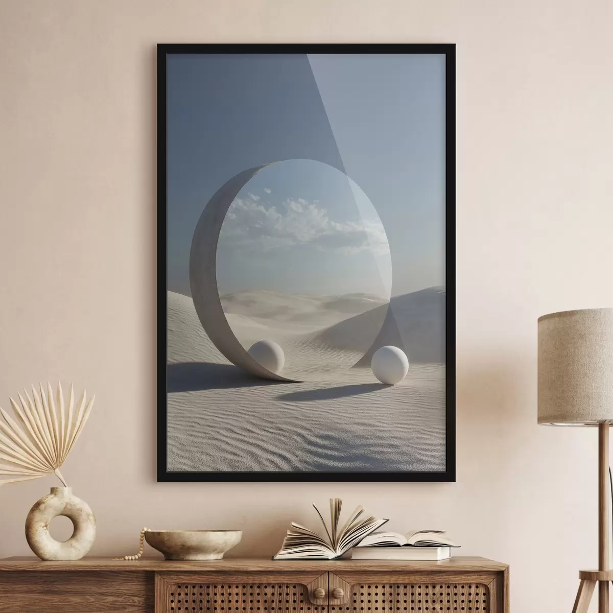 Plakat Sürrealistlik kõrbemaastik, kus ümmargune peegel peegeldab taevast ja kuud f44792